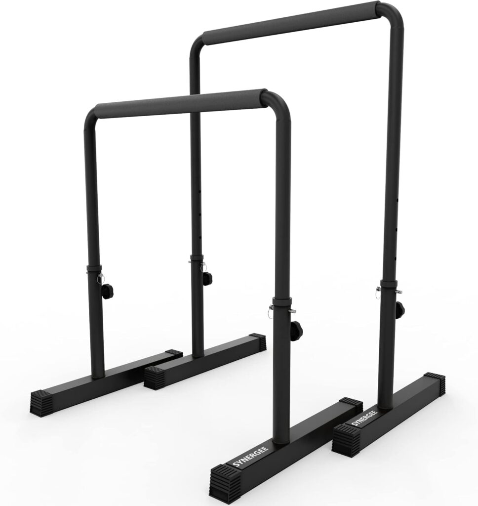 Synergee Dip Bar. Adjustable Dip Station from 30” – 39” for Dips, Inverted Pull Ups. Max capacity 400 lbs. Portable Dip Stand for Total Body Workout. Available in Yellow and Black.