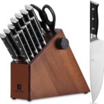 Knife Set,15-Piece Kitchen Knife Set with Block and Sharpener,50Cr15Mov High Carbon Stainless Steel,Razor Sharp Professional Knives,Ultra-Smooth knife,Ergonomic Black Anti-slip Handles,Dishwasher Safe
