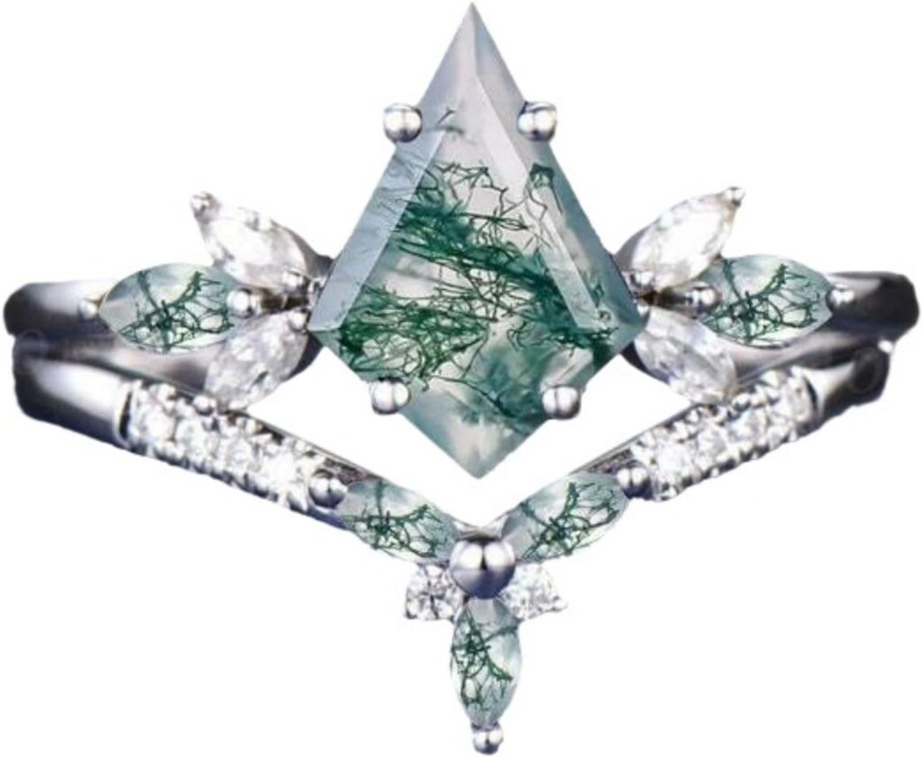 Natural Moss Agate Ring Set – S925 10K/14K/18K Gold Unique Moss Agate and Moissanite Engagement Rings for Women Promise Wedding Bridal Set Free Engraving