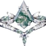 Natural Moss Agate Ring Set – S925 10K/14K/18K Gold Unique Moss Agate and Moissanite Engagement Rings for Women Promise Wedding Bridal Set Free Engraving