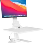 Mount-It! Electric Standing Desk Converter, Adjustable Tabletop Sit Stand Desk Riser with Single Monitor Mount for Monitors up to 32″, Freestanding 28″ Wide Platform Rises up to 20.75″ White