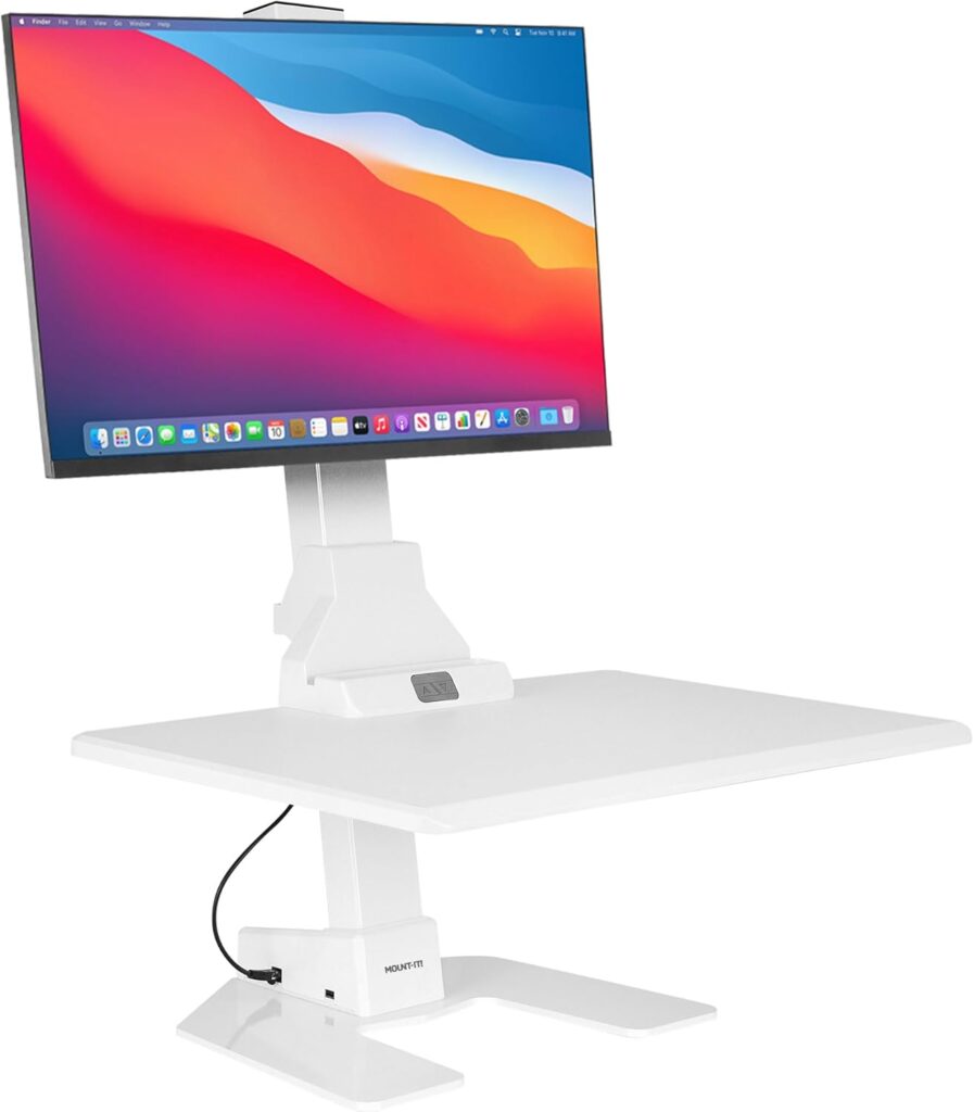 Mount-It! Electric Standing Desk Converter, Adjustable Tabletop Sit Stand Desk Riser with Single Monitor Mount for Monitors up to 32″, Freestanding 28″ Wide Platform Rises up to 20.75″ White