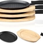 Tanlade 3 Sets Cast Iron Skillets Pre Seasoned Fajita Pan Heavy Duty Construction Sizzling Plates with Wooden Base and Silicone Handle Mitt, Black