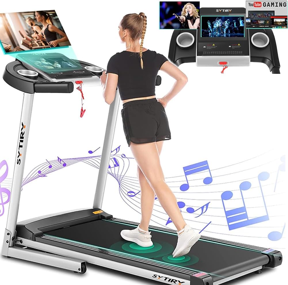 SYTIRY Treadmills for Home with TV Screen and WiFi,Smart Foldable Treadmill Machine,3D Virtual Sports Scene,HiFi Speakers,Popular APP for Social Networking,Video,and Search,Walking Treadmill