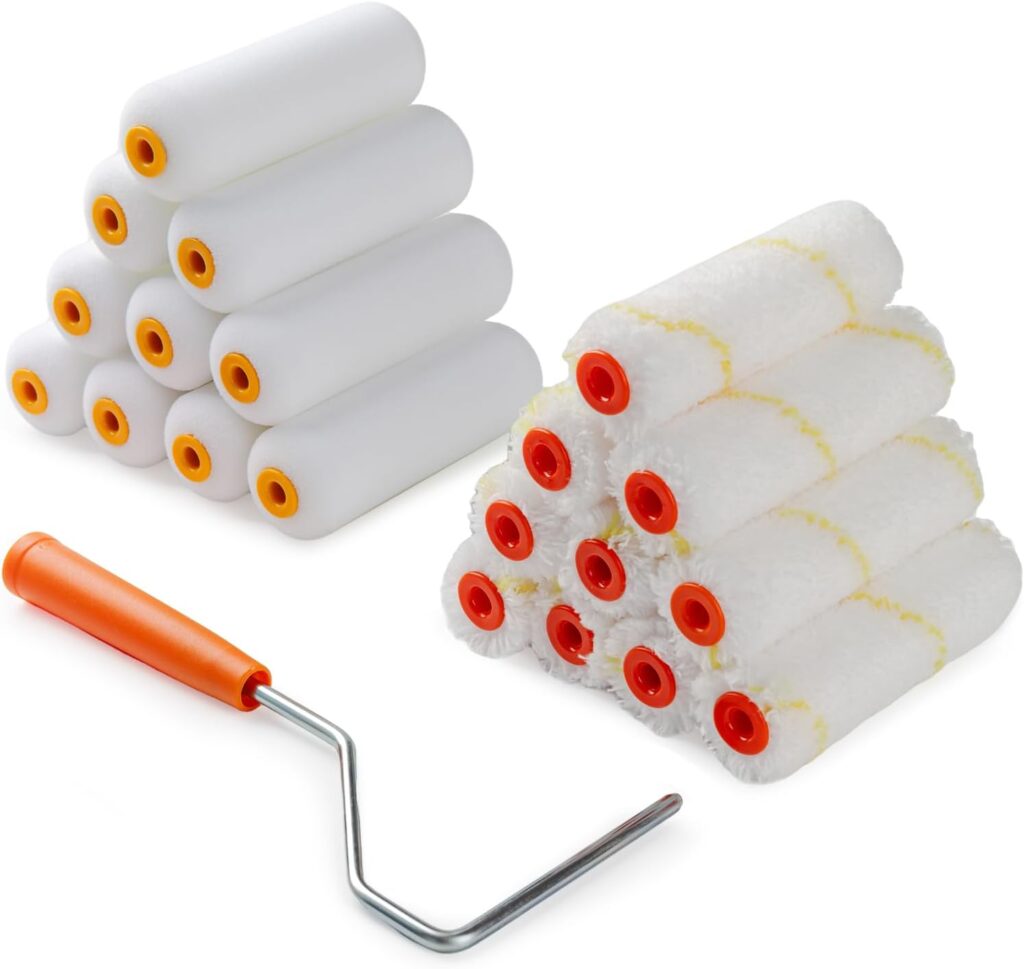 4 inch Paint Roller Kit, 20 Pack Small Paint Roller Set with High Density Foam Paint Roller and 3/8″ Nap Microfiber Covers, Suitable for Wall,Kitchen Cabinets, Doors, Tables, Etc