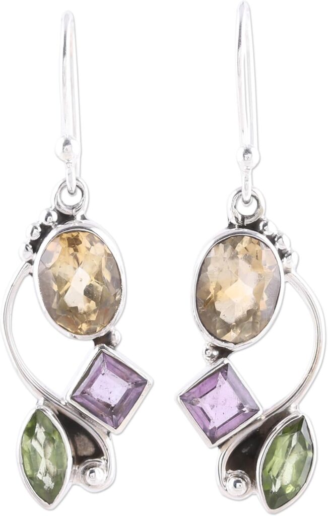 NOVICA Artisan Handcrafted Multigemstone Dangle Earrings | .925 Sterling Silver Handmade Dangle Earrings | Rainbow Moonstone Clear Green Multicolor Purple Dangle Earring | Natural Glamour Themed