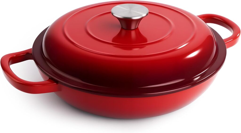 3 Quart Enameled Cast Iron Braiser, Non Stick Enameled Cast Iron Skillet with Lid, Dutch Oven Skillet with lid up to 500°F for Oven, Stove, Grill, Shallow Dutch Oven for Cook, Bake (Red)