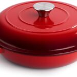 3 Quart Enameled Cast Iron Braiser, Non Stick Enameled Cast Iron Skillet with Lid, Dutch Oven Skillet with lid up to 500°F for Oven, Stove, Grill, Shallow Dutch Oven for Cook, Bake (Red)