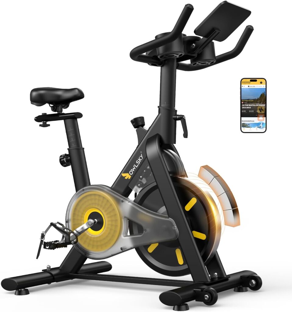 OWLSKY Exercise Bike with APP, Magnetic Resistance Indoor Cycling Bike, 300 lbs Capacity Quiet Stationary Bike for Home Gym Cardio Workout, Adjustable Seat & Tablet Holder