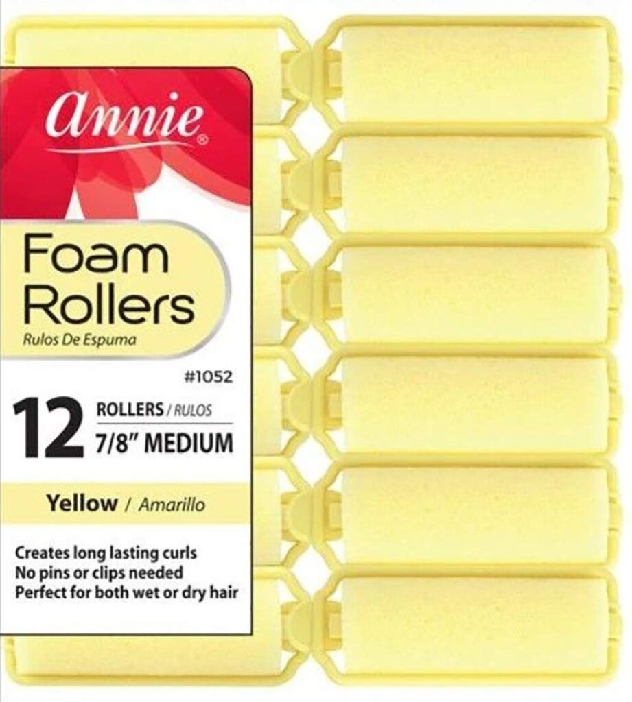 Annie Salon Style Medium Foam Hair Rollers – 7/8″ Yellow – 12 Piece Set – Soft Heat-less Hair Curling Tools