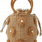 Flower Pearls Rattan Tote Bag Summer Beach Drawstring Straw Bucket Bag Diamonds Woven Handbag