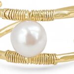 Custom Fit Double Banded Trendy Gold Ring. Choose Genuine Freshwater Pearl or Turquoise Bead. Wire Wrapped 14kt Yellow Gold Filled Real Gemstone Ring. Two Layer Custom Made Personalized Artisan Ring.