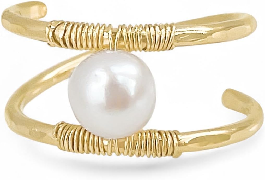 Custom Fit Double Banded Trendy Gold Ring. Choose Genuine Freshwater Pearl or Turquoise Bead. Wire Wrapped 14kt Yellow Gold Filled Real Gemstone Ring. Two Layer Custom Made Personalized Artisan Ring.