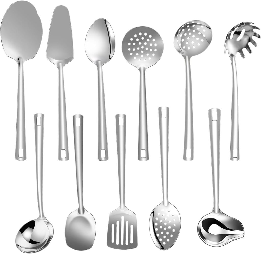 Lazycorner Cooking Utensil Set 11 Pcs Stainless Steel Kitchen Utensils Set Wok Utensils Kitchen Tool Set Spatula Set Heat Resistant Metal Kitchen Tools Ergonomic HandleEasy to Clean Dishwasher Safe
