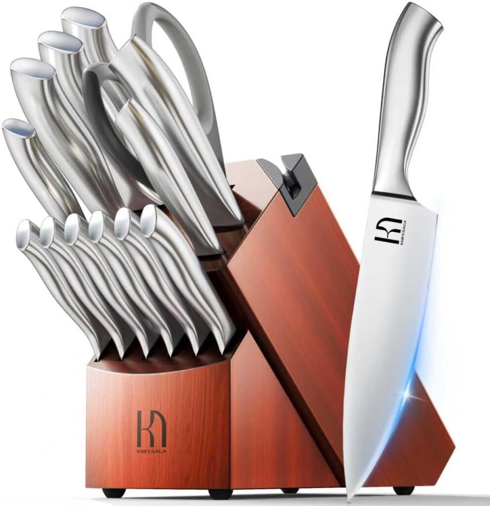 Kitchen Knife Block Set, Enduring Sharpness Premium Knife Set with Block, 14 Pcs Japanese High Carbon Stainless Steel Knives Set for Kitchen, Chef Knife Set with Block and Built in Sharpener