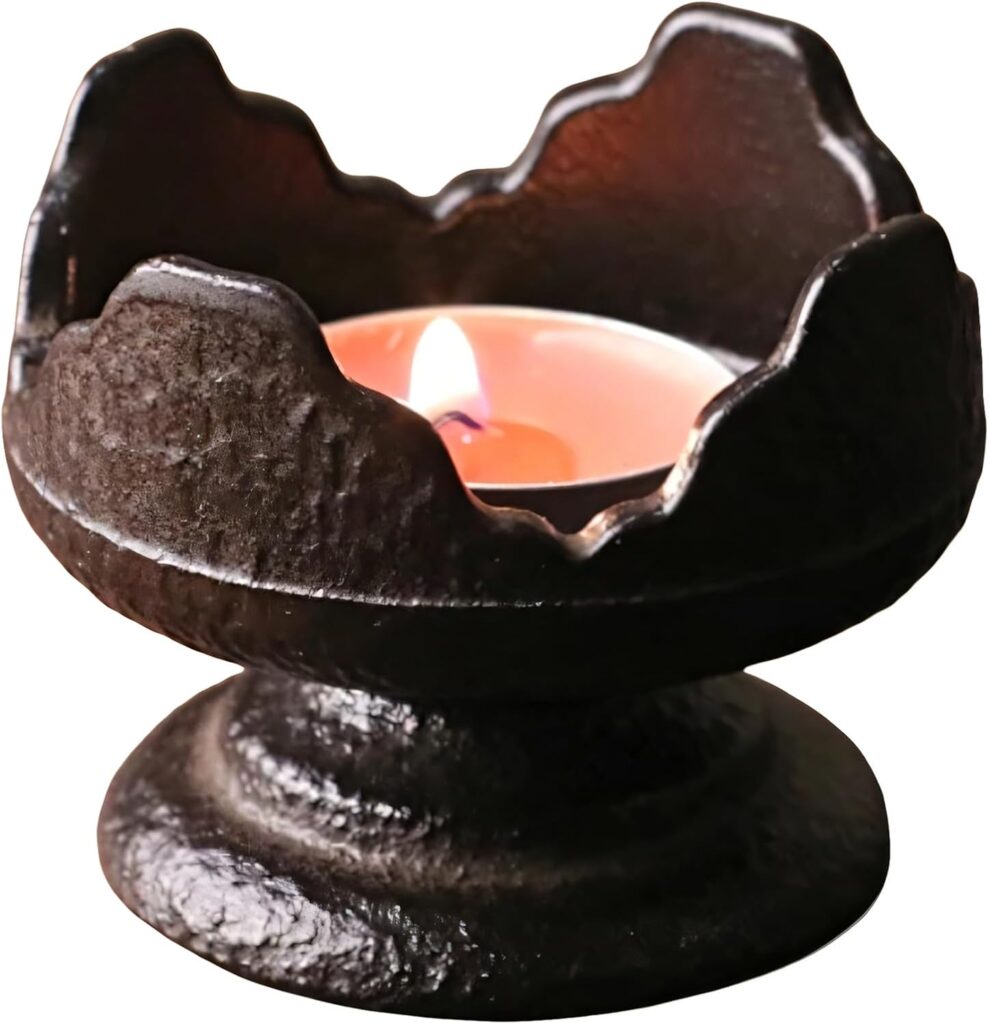 Japanese Style Cast Iron Candle Holder, Small Handmade Vintage Candlestick Holders, Rustic Pillar Candle Holder, Farmhouse Candle Stand for Fireplace Shelf Home Decor (2.24″ Tall Pattern)