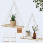 BASE ROOTS Hanging Shelves for Wall, Plants Hanging Shelf, Macrame Wall Hanging, Floating Shelves Boho Rope, Lightweight Rustic Wood, Triangle Floating Shelves Easy Hanging Shelves no Drill Set of 2
