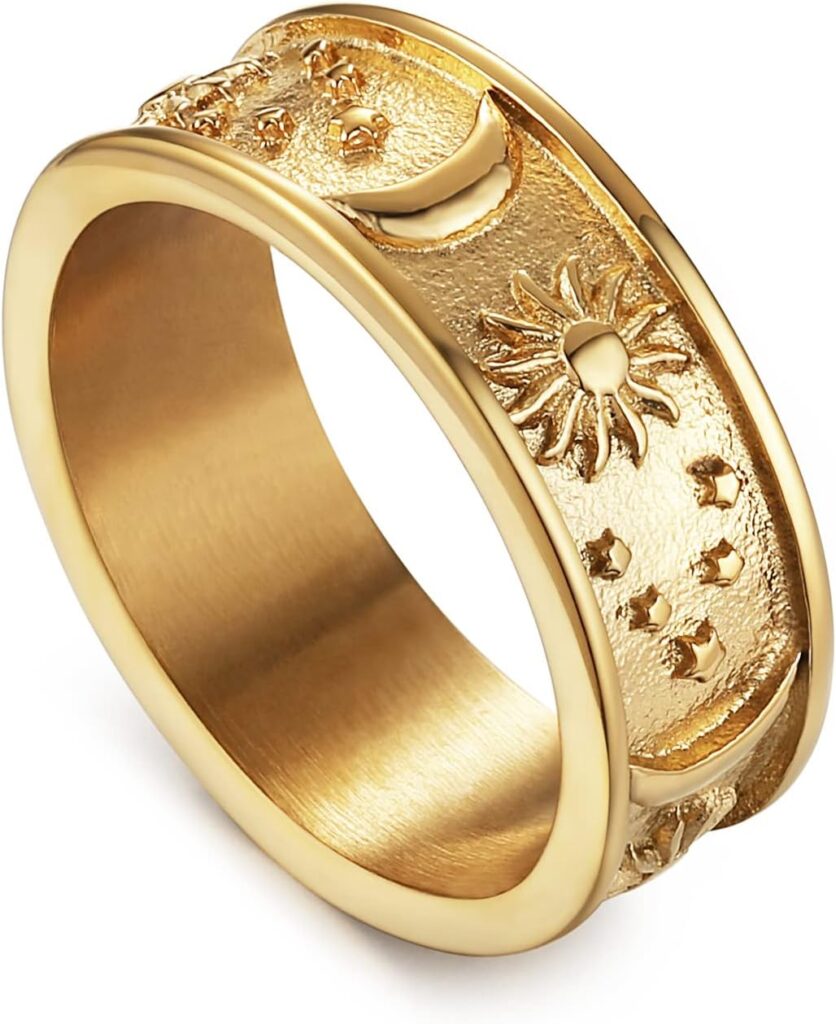 HZMAN 8mm Moon Star Sun Statement Ring Stainless Steel Boho Jewelry for Women Men