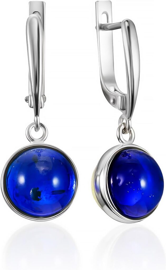Sterling Silver Drop Earrings with Ultramarine Enamel – 0.39 in Baltic Amber – 1.1 in Long Dangle Earrings – Natural Amber Gemstone – Lightweight 0.13 oz – Artisan Baltic Jewelry for Women
