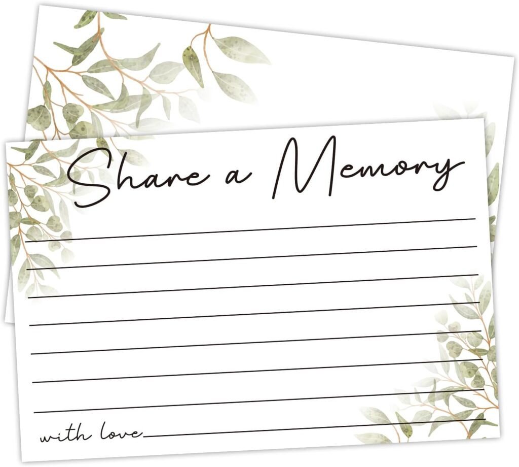 25PCS Share a Memory Cards, Memorial Cards Celebration of Life Decorations for Anniversary Memorial Funeral Graduation Bridal Shower Game (Green Leaf)-04