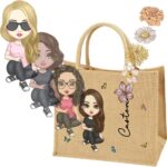 CALLIE Tote Bag for Women Personalized, Custom Cartoon Character & Birth Flower & Name on Beach Jute Tote Bags, Gifts for Mother’s Day, Wedding, Birthday