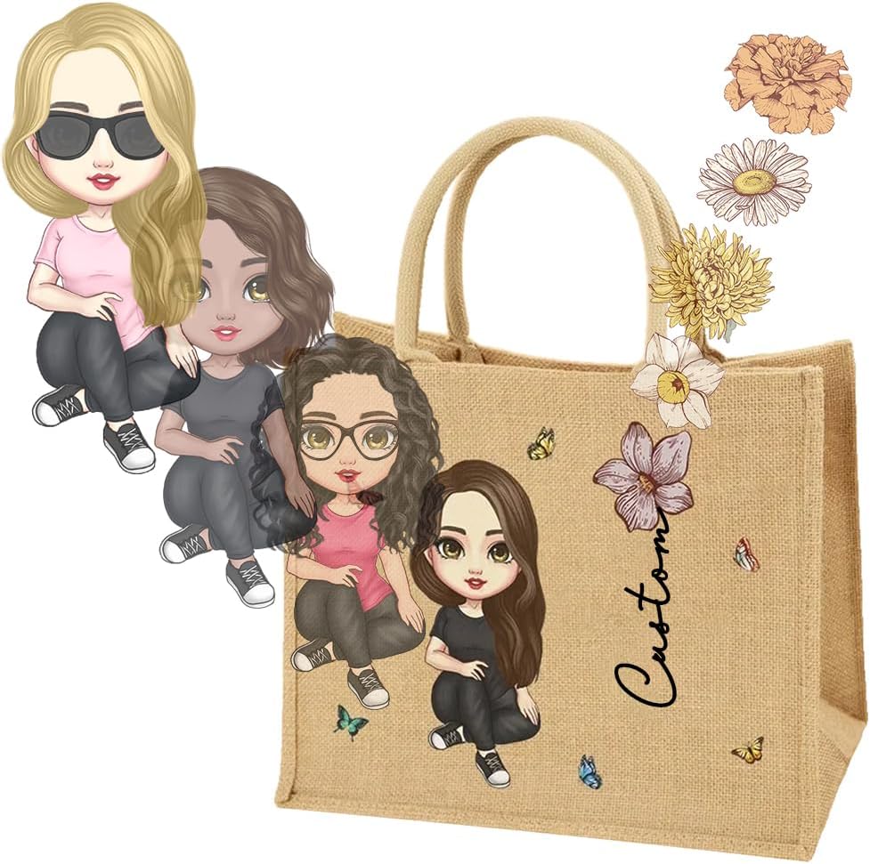 CALLIE Tote Bag for Women Personalized, Custom Cartoon Character & Birth Flower & Name on Beach Jute Tote Bags, Gifts for Mother’s Day, Wedding, Birthday