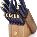 Sabatier 14-Piece Forged Triple Rivet Knife Set with Acacia Block, Navy with Gold, High-Carbon Stainless Steel Blades for Precision Cutting