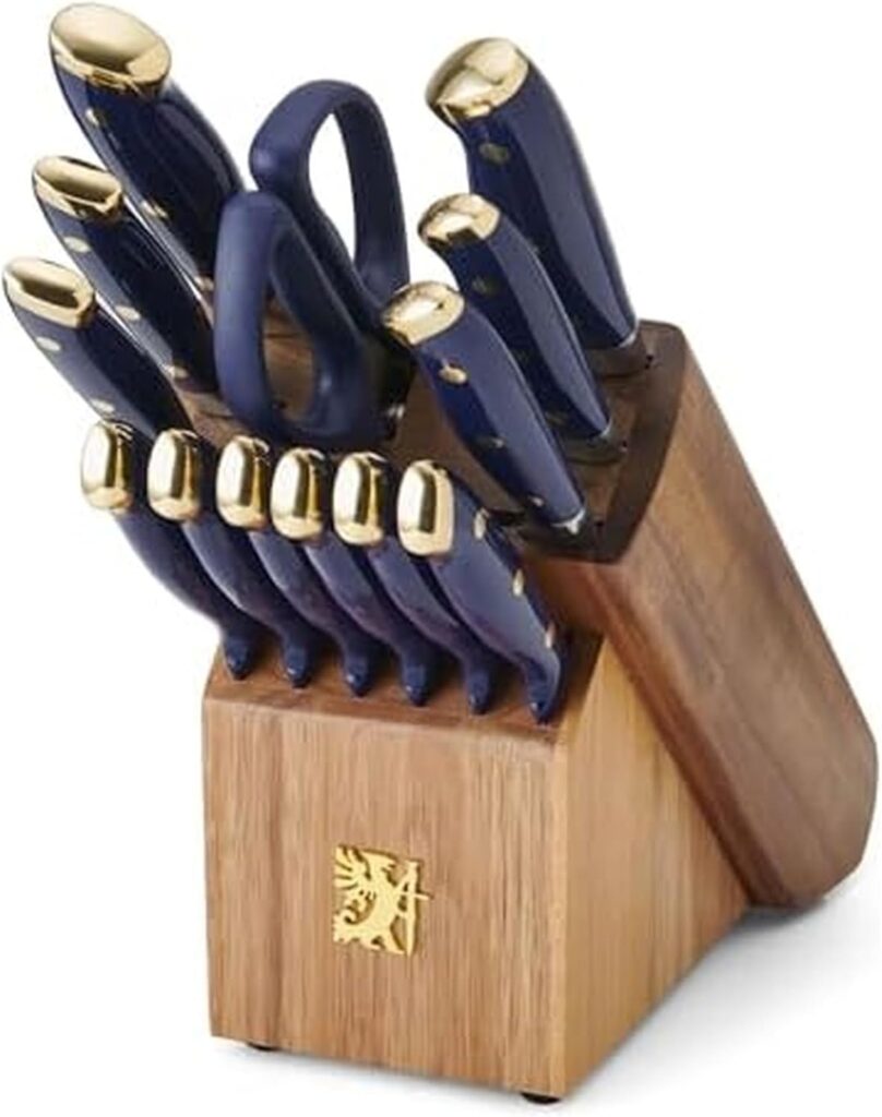 Sabatier 14-Piece Forged Triple Rivet Knife Set with Acacia Block, Navy with Gold, High-Carbon Stainless Steel Blades for Precision Cutting