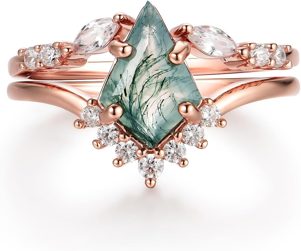 Natural Moss Agate Gemstone Genuine 925 Sterling Silver Ring for Women Kite Cut Women’s Ring Set for Engagement Silver 925 Jewelry