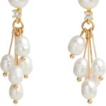 Handmade Freshwater Cultured White Pearls Cluster Dangling Drop Earrings for Women, 14K Gold Plated