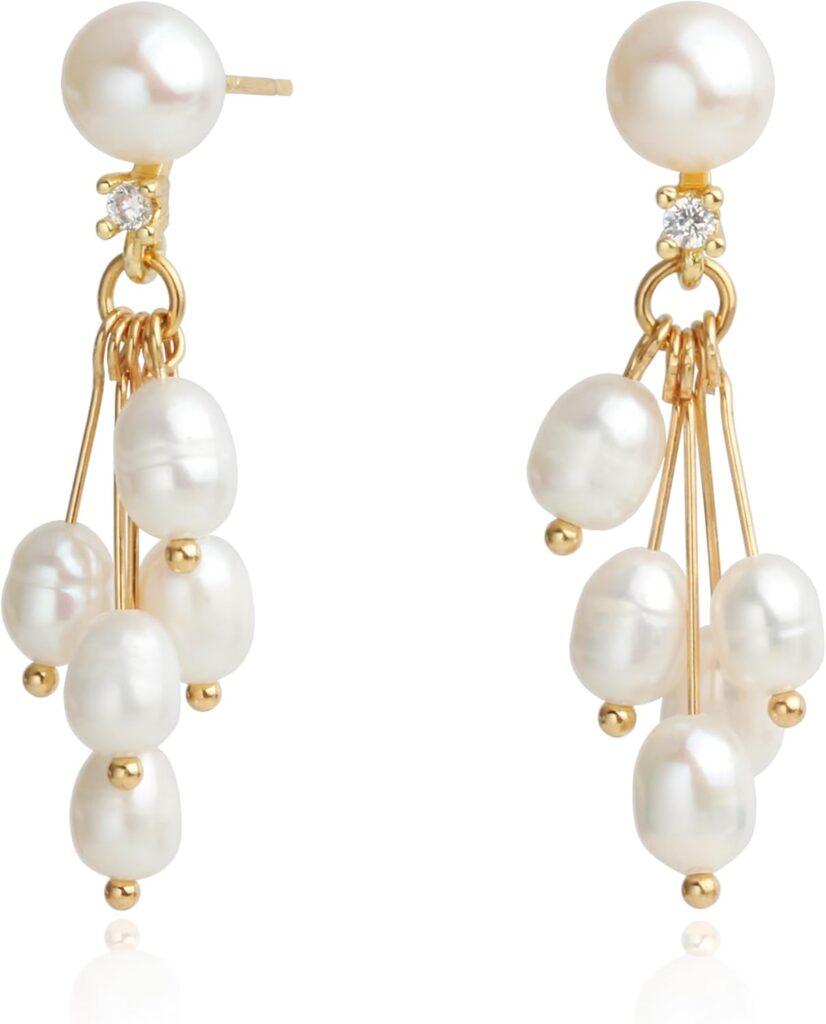 Handmade Freshwater Cultured White Pearls Cluster Dangling Drop Earrings for Women, 14K Gold Plated