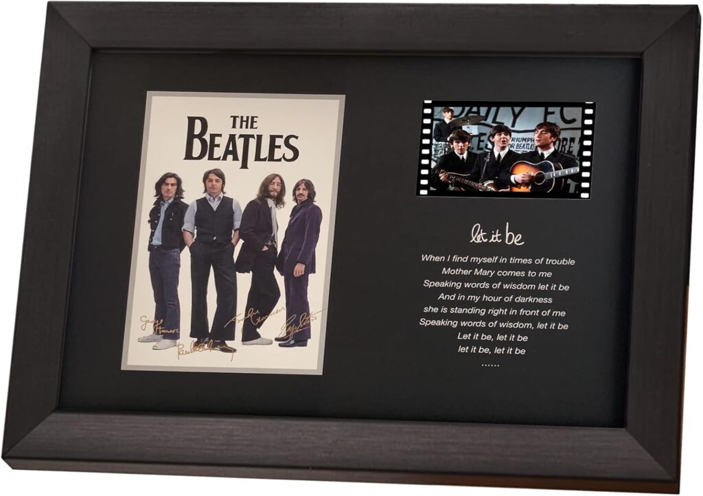 veratwo The Beatles Framed Poster with Signed and 1x 35mm Film Display,Let It Be lyric Decoration,Cool Memorabilia Gifts for Beatles Fans 8×6 Inches