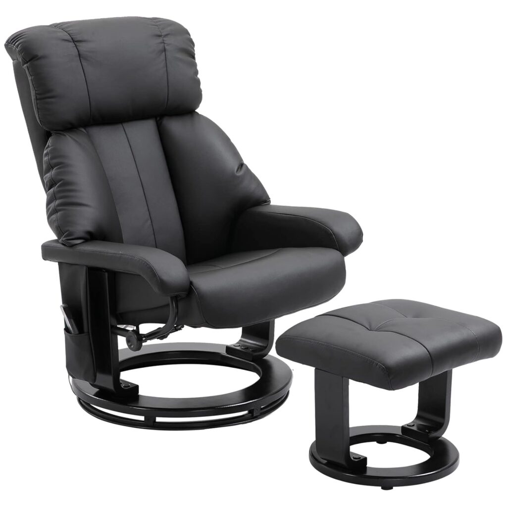 HOMCOM Massage Recliner Chair with Ottoman, 360° Swivel Recliner and Footstool, 10 Point Vibration, PU Leather Reclining Chair with Side Pocket and Remote Control, Black