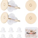 Beebeecraft 200Pcs Earring Posts 24K Gold Plated Stainless Steel Flat Pad Blank Earring Studs with 200Pcs Plastic Ear Nuts for DIY Stud Earrings Jewelry Making(Tray: 6mm)