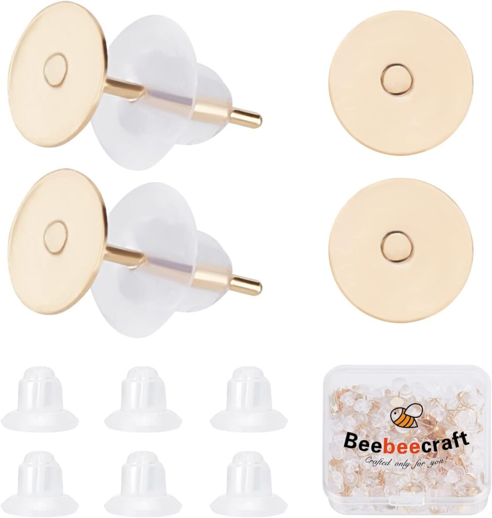 Beebeecraft 200Pcs Earring Posts 24K Gold Plated Stainless Steel Flat Pad Blank Earring Studs with 200Pcs Plastic Ear Nuts for DIY Stud Earrings Jewelry Making(Tray: 6mm)