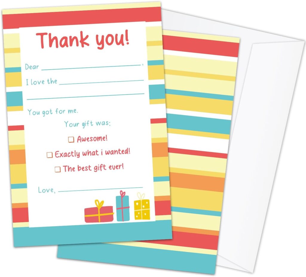 Kids Thank You Cards Fill in the Blank with Envelopes, Colorful Stripes Thank You Notes Kids 20 Card Set for Boys or Girls (4 * 6 inches) -02
