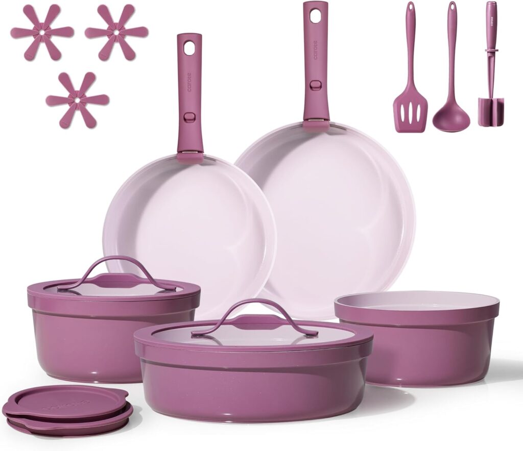 CAROTE 21PCS Ceramic Cookware Set,Pots and Pans set Non Stick,Induction Cookware Set with Removable Handle,RV Kitchen Cooking Set,Non-toxic Kitchen Cooking Set, PFAS and PFOA Free,Purple