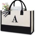 TOPDesign Personalized Initial Canvas Beach Bag, Monogrammed Gift Tote Bag for Women