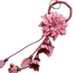 Padee Genuine Leather New Big Pink Dahlia Flower Keychain Keyring Keyfob Snap Strap Hanging Handbag Wallet Car Charm Handmade Handcraft #STPKEY0119N