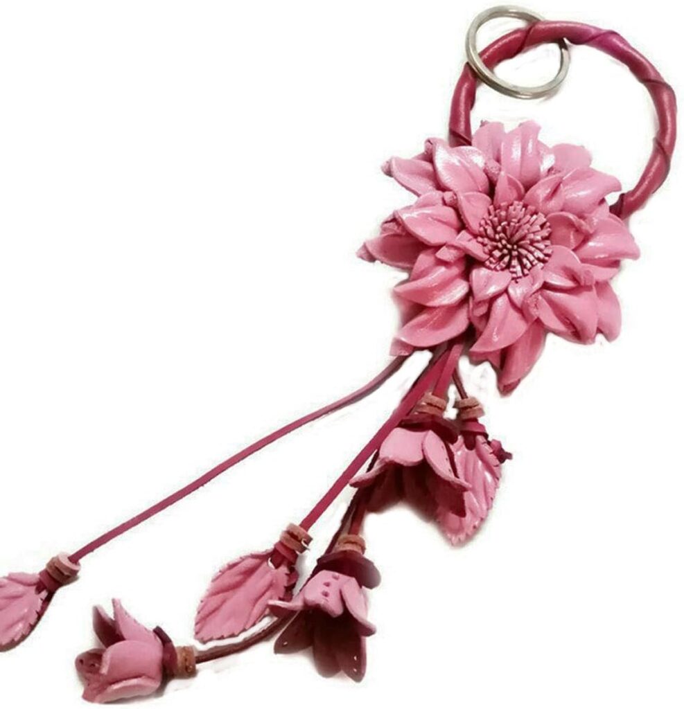 Padee Genuine Leather New Big Pink Dahlia Flower Keychain Keyring Keyfob Snap Strap Hanging Handbag Wallet Car Charm Handmade Handcraft #STPKEY0119N