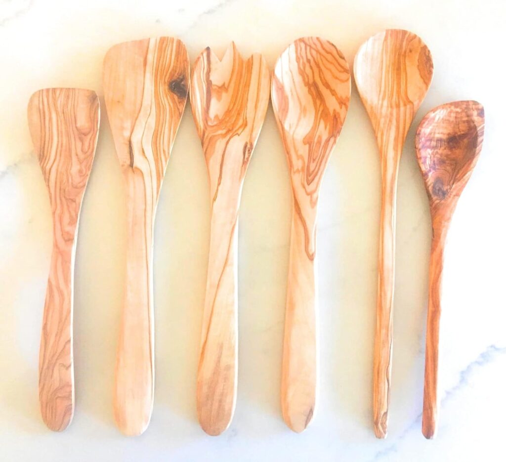 6 Pc 12″/14″ Long Handle Olive Wood Utensil Set- by Orchard Hardwoods- Elegant Artisan Utensils for Non-Stick Cooking, Serving, Salads