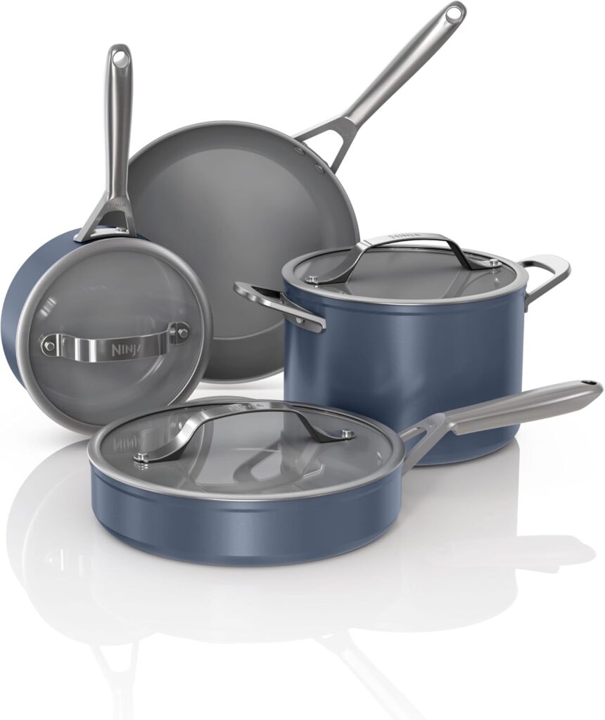 Ninja Ceramic Pro 7Piece Cookware Set, NonStick Pots & Pans Set with Glass Lids, Nontoxic, PTFE Free, Ceramic Coated, Oven Safe, All Stovetops & Induction Compatible, Midnight Blue, CW39007MM