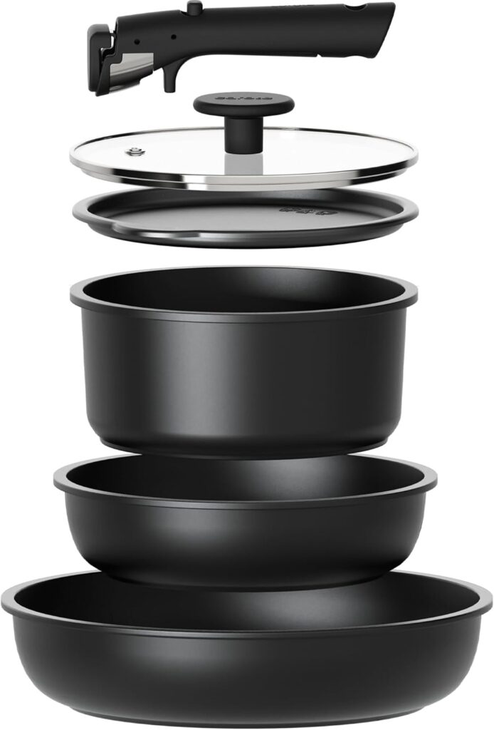 CAROTE 6pcs Pots and Pans Set Non Stick, Cookware Sets, Kitchen Set, Oven/Fridge Safe, Space Saving Pots Set, Nonstick Cooking Set with Versatile Detachable Handle, Induction RV Set, Jet Black