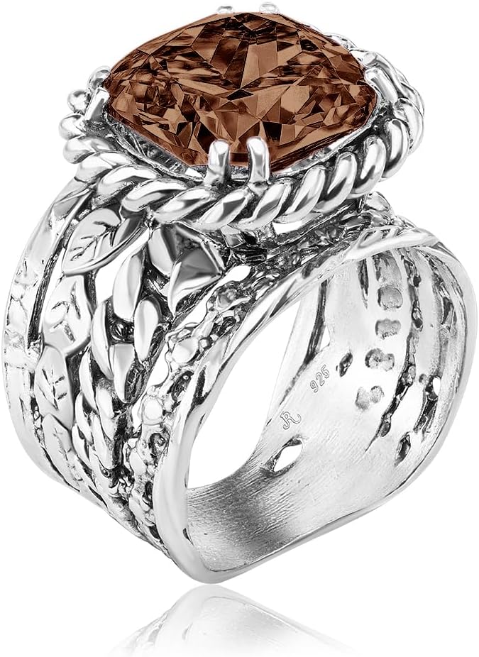 JEAN RACHEL JEWELRY 925 Sterling Silver Ring – Braid & Leaf Vintage Design with Cushion Cubic Zirconia – Hypoallergenic, Lead & Nickel Free – Artisan Handcrafted Statement Rings for Women