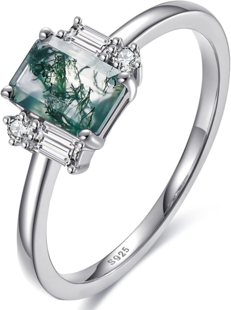 Engagement Rings for Women 925 Sterling Silver Wedding Band Natural Moss Agate/Black Rutilated Quartz Gemstone Rings Promise Ring Size 5-9