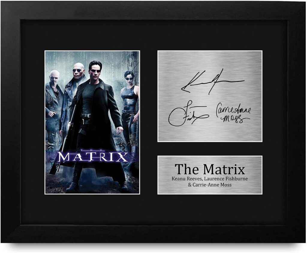 HWC Trading The Matrix Framed Gift Signed Printed Autograph Keanu Reeves Laurence Fishburne Carrie-Anne Moss Photo Display – US Letter Size