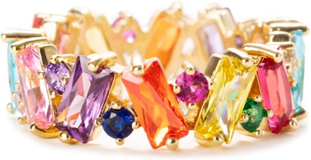 STORYJEWELLERY Colorful Rainbow Ring, Emerald Cut Eternity Band Rings for Women, 18K Gold Plated Cubic Zirconia Rings, Baguette Ring, Gifts for Women, Colorful Jewelry, Rainbow Gifts