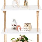Mkono Hanging Shelves 3 Tier White Wood Wall Mount Floating Shelf with Rope Boho Decor for Living Room Bathroom Bedroom Kitchen Apartment – Rustic Wood Decorative Storage Shelf