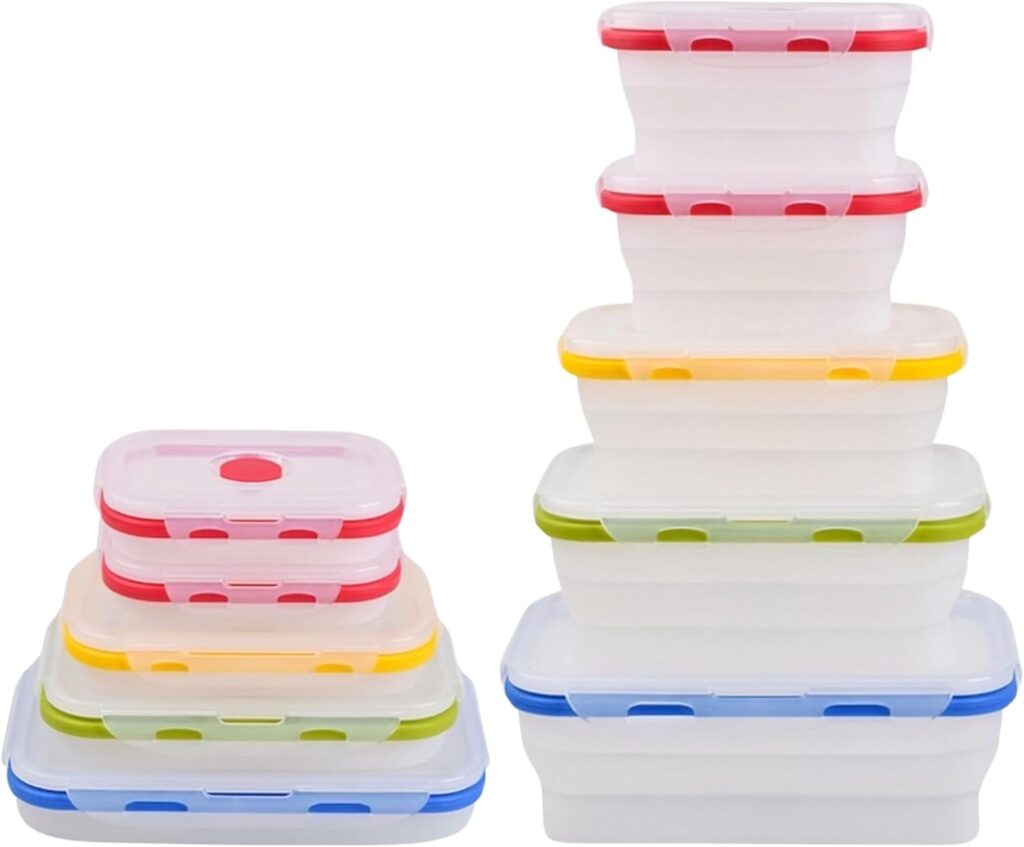 ECOBERI Collapsible Silicone Food Storage Containers, BPA Free, Microwave, Freezer and Dishwasher Safe, Lunch, Meal Prep, Travel, Space-Saving, Set of 5