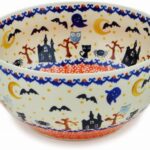 Authentic Polish Pottery Mixing bowl, serving bowl 9-inch in Halloween Spooky Vibe Design Handmade in Bolesławiec Poland by Ceramika Bona + Certificate of Authenticity